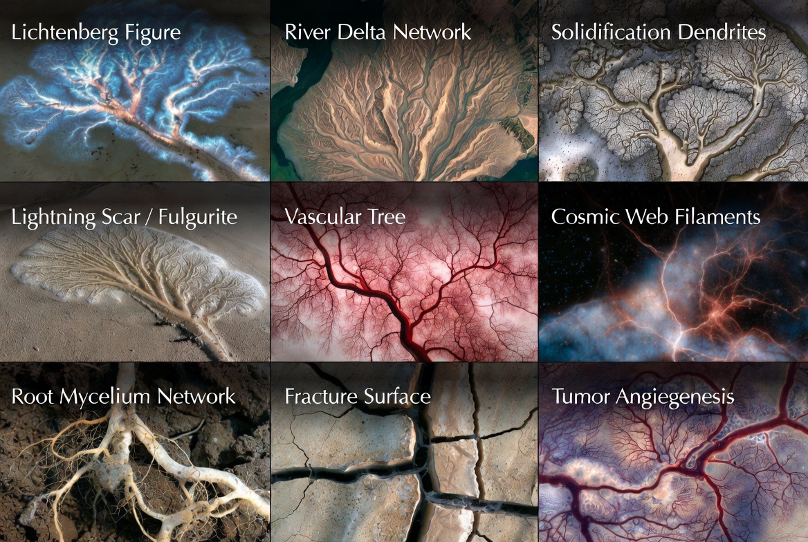 Atlas of branching and fracture-like morphology families across lightning, river deltas, dendrites, vascular structures, cosmic filaments, roots, fractures, and angiogenesis.